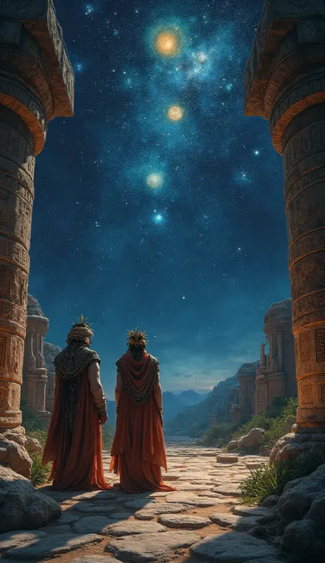 Ancient Mayan astronomers observing the night sky, a huge stone observatory under the stars, glowing constellations and planets ...