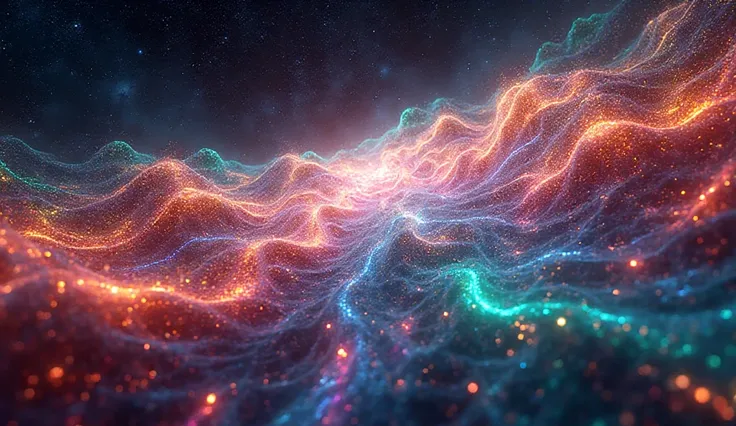 “Colorful glowing energy streams flowing like rivers in cosmic space, merging and separating, rainbow-like plasma flows weaving ...