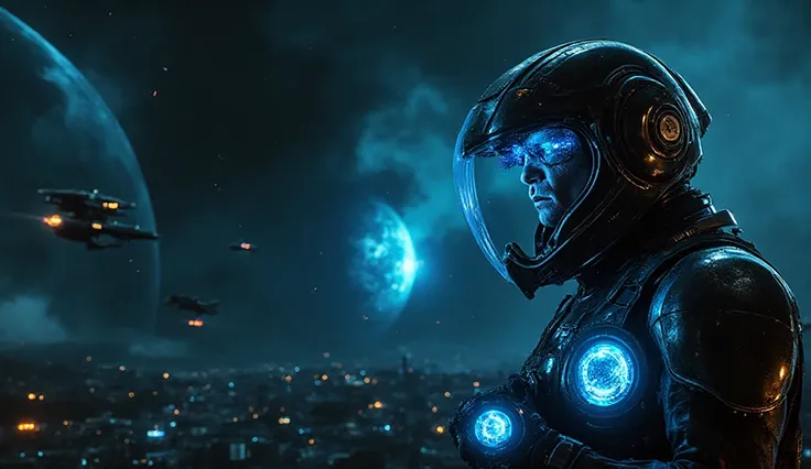A dark, cinematic sci-fi scene showing Earth in the background glowing with city lights as a massive alien fleet looms in orbit....