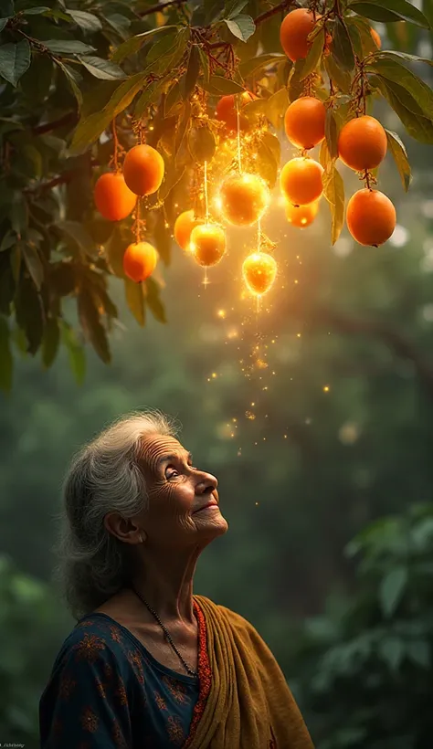 The same old woman looks up in surprise as one branch of the mango tree starts glowing magically. Golden mangoes appear, shining...