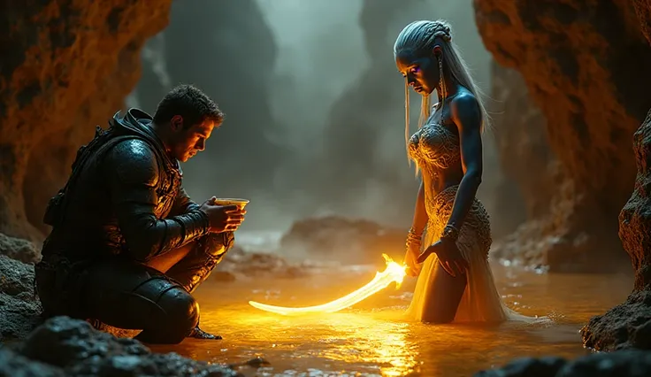 A hyper-realistic cinematic scene inside an ancient glowing cave. A battle-worn young male explorer in futuristic armor, scratch...
