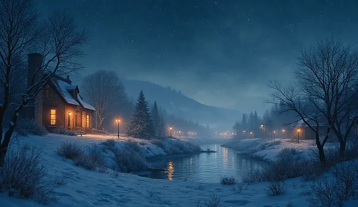“Silent town under first frost, lanterns glowing in windows, stars above, river steaming faintly, atmosphere of peace, cinematic...