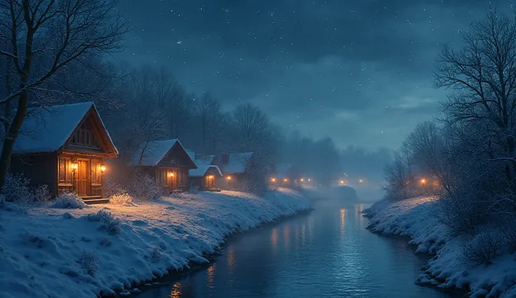 “Silent town under first frost, lanterns glowing in windows, stars above, river steaming faintly, atmosphere of peace, cinematic...