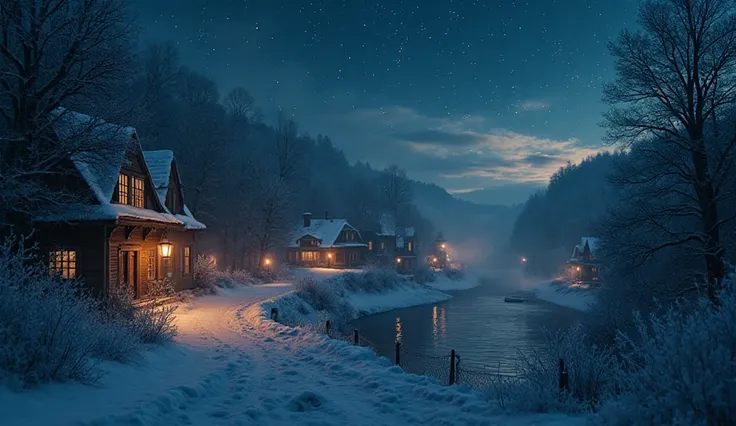 “Silent town under first frost, lanterns glowing in windows, stars above, river steaming faintly, atmosphere of peace, cinematic...