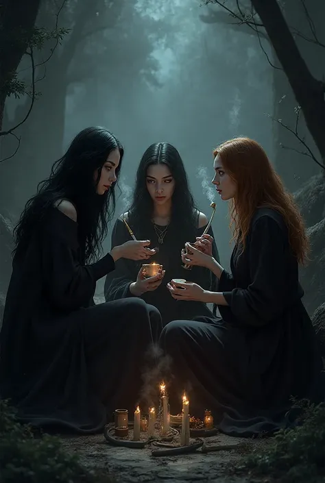 Two black-haired witches and a brunette witch sit together drinking and smoking