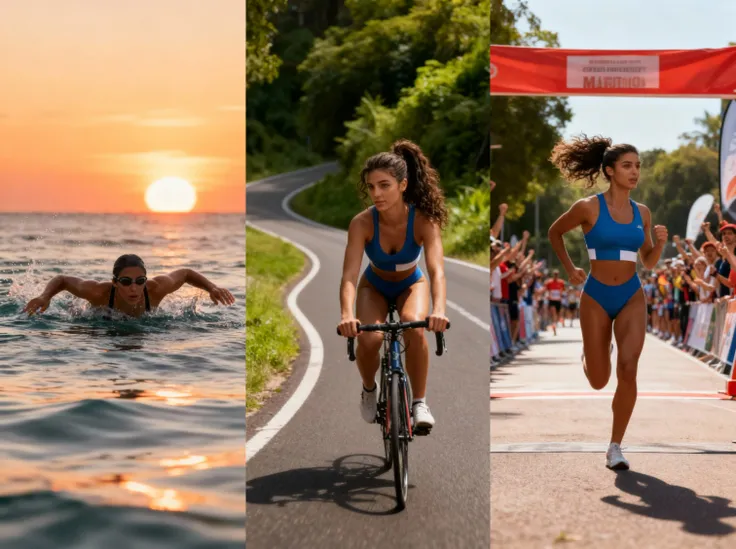 A young female triathlete posing confidently, divided into three vertical strips showcasing her skills in each discipline. On th...