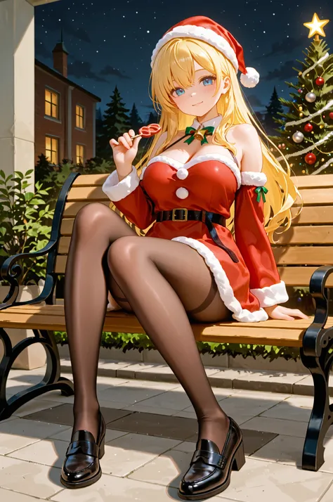 Christmas day、Bench at night、two women、Seems to be having fun sitting