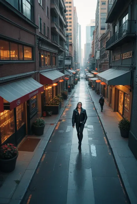 Please make me a prompt for the front image of the e-book about "in the middle of a modern city with cyber and darkness, someone...