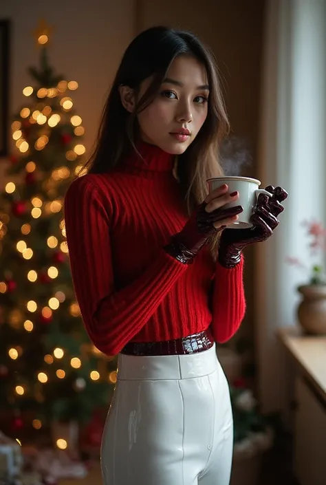 A girl trying red pullover and white pants to her full enclosed bodyfit skintight sleek shiny black latex catsuit and posing in ...