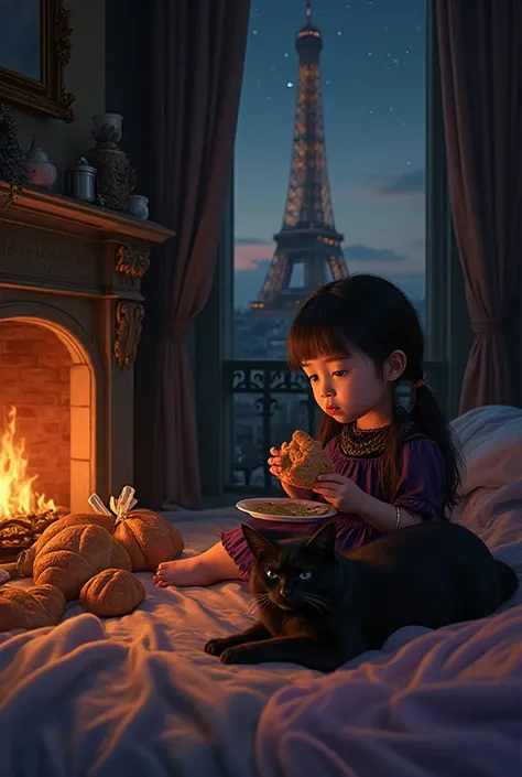 A 12-year-old girl, white, pink, black, Soi Yao Praba Rae Thos, wearing a Hogwarts dress at Ravenclaw House, is sitting eating F...