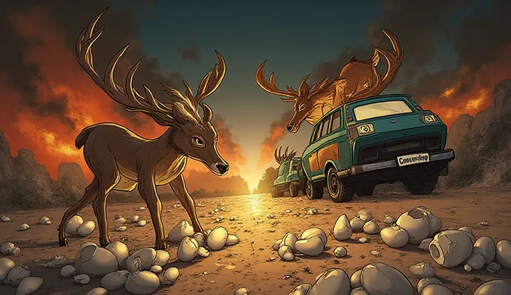 "A cartoon of Jon Stewart and Maria Ressa as deer in headlights, eggshells cracking underfoot, a car labeled 'Censorship' approa...