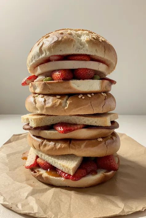 Round bread sandwich with symmetrical top and bottom, smooth shiny golden brown surface. Strawberry jam looks thin, rata, like a...