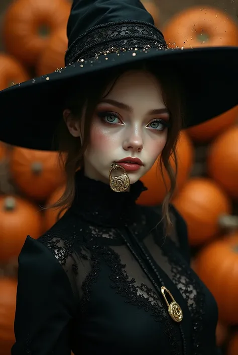 Une jolie sorcière humaine habillé en noir avec un chapeau de sorcière qui a un cadenas sur la bouche , on a background of orang...