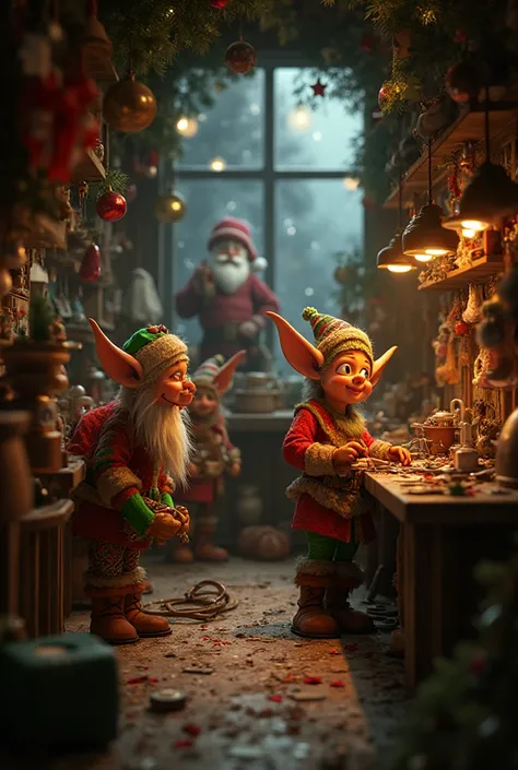 Photo inside the workshop of Santa. Leprechauns at work congratulations and in the distance saint. realistic style