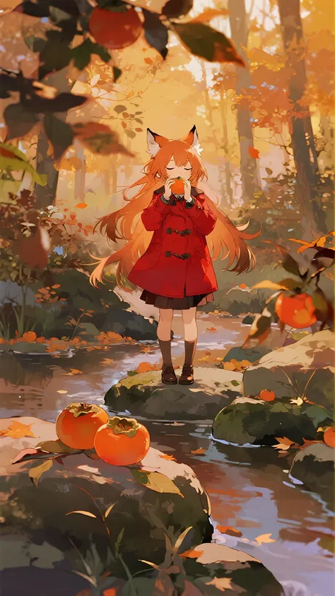 Fox girl on autumn season, persimmon, rock, bushes, cartoon style,