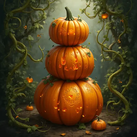 Three carved pumpkins stacked like a totem, they sat on top of its bottom, framed by arching vines that curl into a rounded top ...