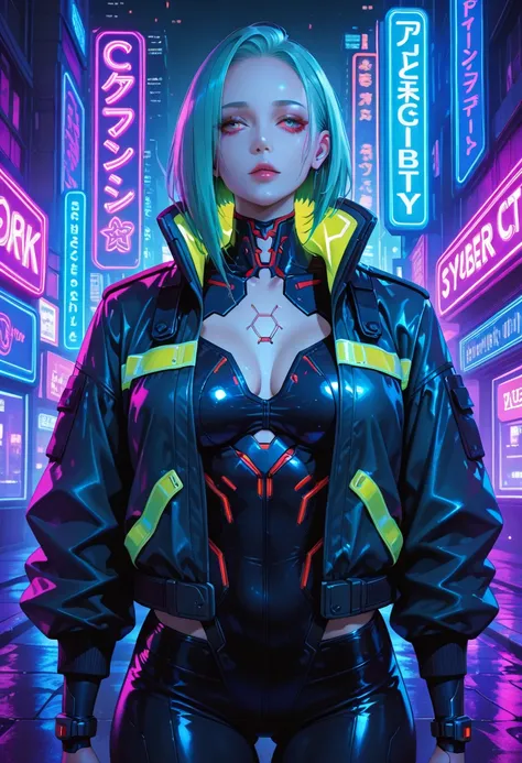 cyberpunk, woman wearing, cyberpunk jacket, Future City, neon lights, front view, waist shot, detailed face, detailed eyes