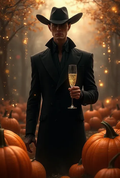 A man dressed in black with a pointed hat, in a party with a glass of champagne in his hand, celebrating against a background of...