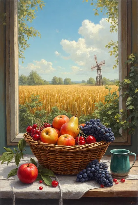 placed near the jug ).

· The artistic medium: painted in oil colors.

Details required:

1. The background and scene: a white w...