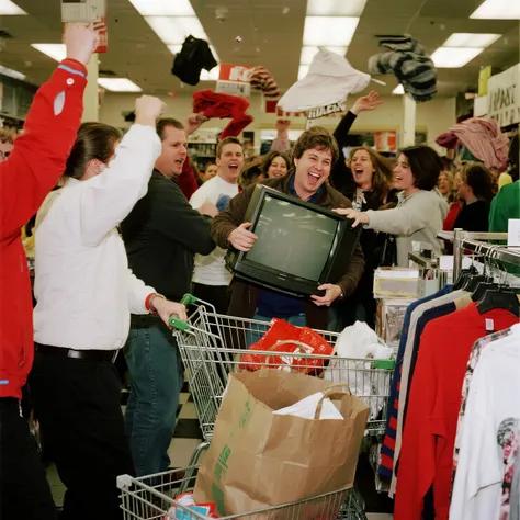 A chaotic scene unfolds on Black Friday. Hordes of shoppers surge through the doors of a department store, their faces a mix of ...
