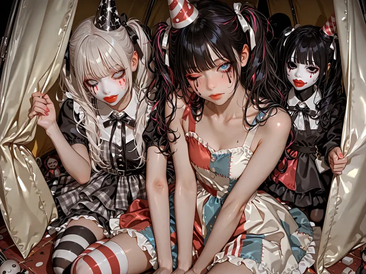 Single eerie female clown inside circus tent, wearing patchwork dress with mismatched colors, striped stockings, small tilted pa...