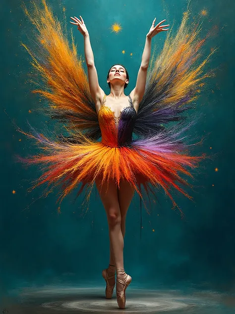 The painting shows a ballerina standing en pointe in a classic ballet pose, with her arms gracefully raised above her head. Her ...