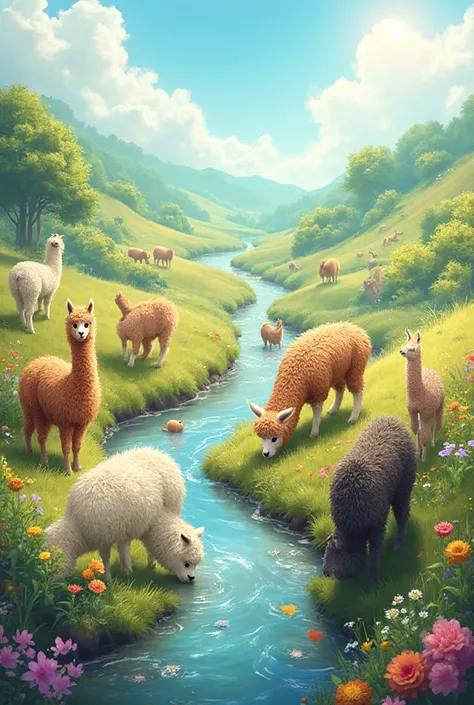 Generate a colorful bright background of alpacas and rivers