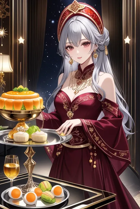 beautiful food fortune teller standing in a luxurious dining room。red wine in a golden glass、pick up food on a silver tray、see-t...