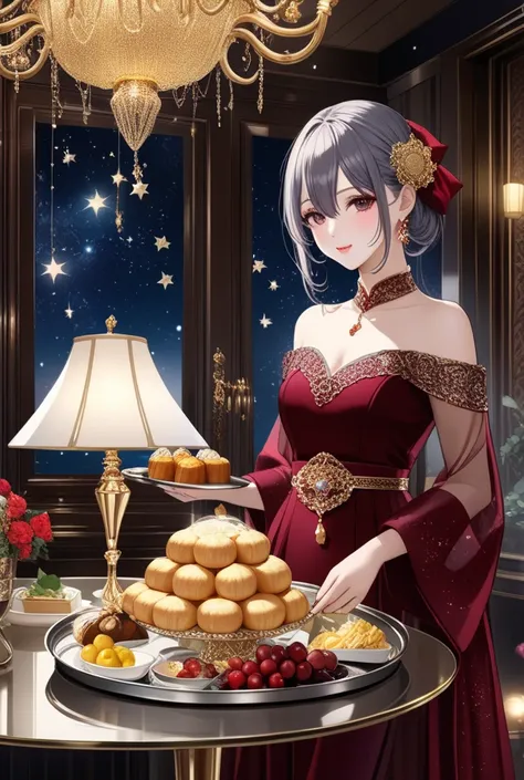 beautiful food fortune teller standing in a luxurious dining room。red wine in a golden glass、pick up food on a silver tray、see-t...