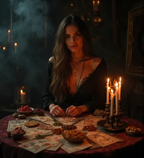 mystical food fortune teller, Beautiful Women, Divination table, ingredients instead of tarot cards, Candlelight, mystical look,...