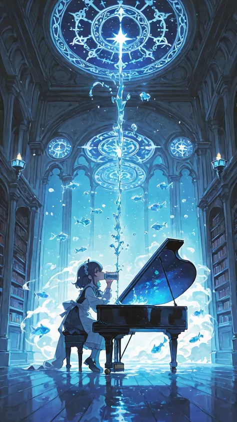 Magical anime epic, The Café Between Worlds – Zodiac Hour, cinematic wide shot,
Young girl in celestial apron sipping latte, se...