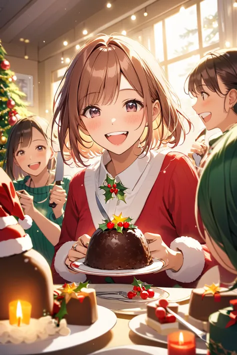 home party,indoor,cut out christmas pudding,holding cake knife,biting engage ring,smile,uplifting lighting,lively mood,