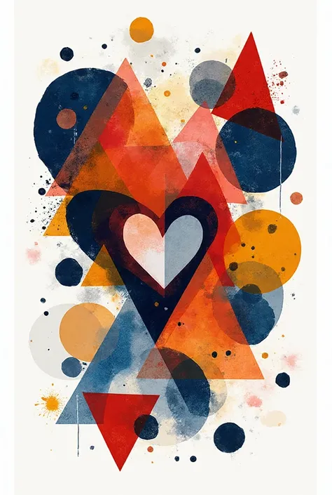 A dynamic geometric love collage. Interlocking triangles, circles, and organic shapes in a chaotic but balanced composition. Mat...