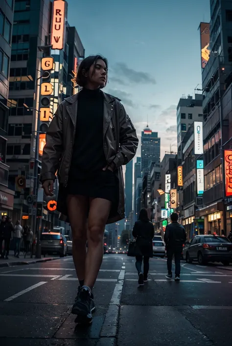 Ultra realistic cinematic scene of a futuristic city in 2025, skyscrapers, neon lights, people walking, suddenly a giant Tyranno...