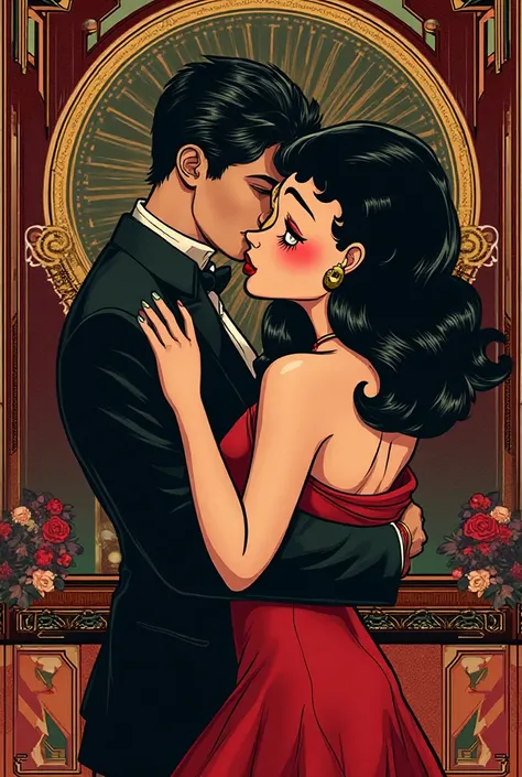  Can you create a comic book image of a Betty Boop, un homme lui fait un doux baiser dans le cou. She must have beautiful long h...