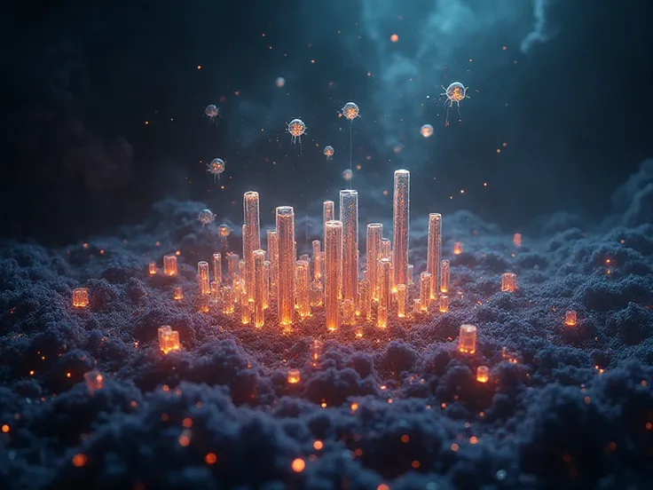 A symbolic image of a grand, dormant factory (fibroblast) with sleeping workers. A fleet of tiny, glowing messenger drones (low-...