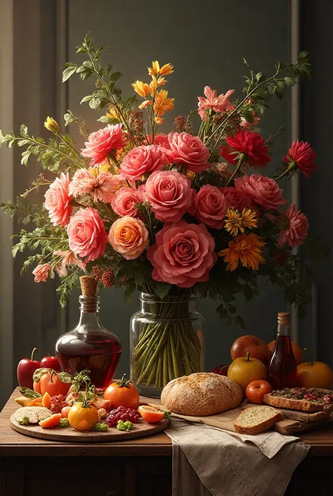 Flowers in a Still Life with Food and Wine