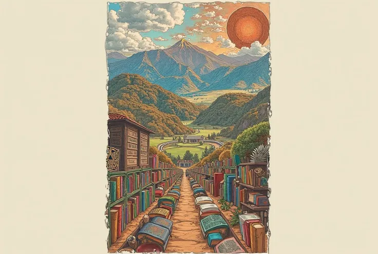 "Create a drawing in the style of Ayacucho, Peru. The drawing is for painting on a wall and should represent students from the U...