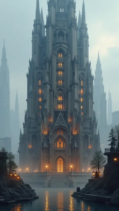 digital photography elements An ultra-detailed late Gothic Tudor skyscraper with asymmetric towers of light limestone and dark o...