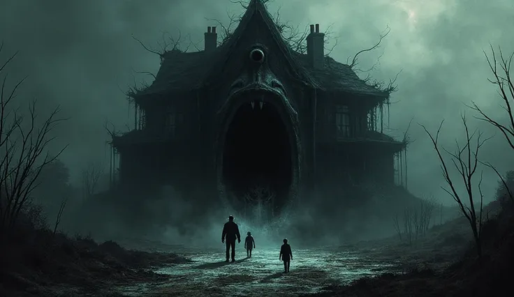 A very scary house that swallows its inhabitants in a terrifying scene.
