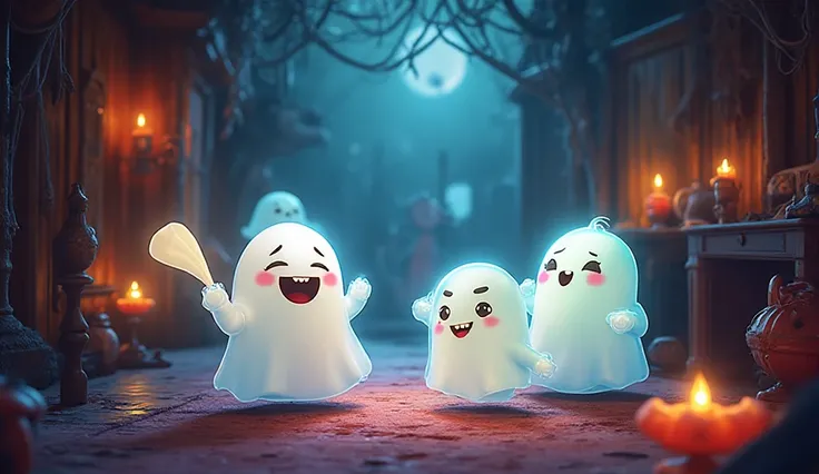 A family of adorable, cartoonish ghosts happily floating through their haunted house, one little ghost is trying to wear a sheet...