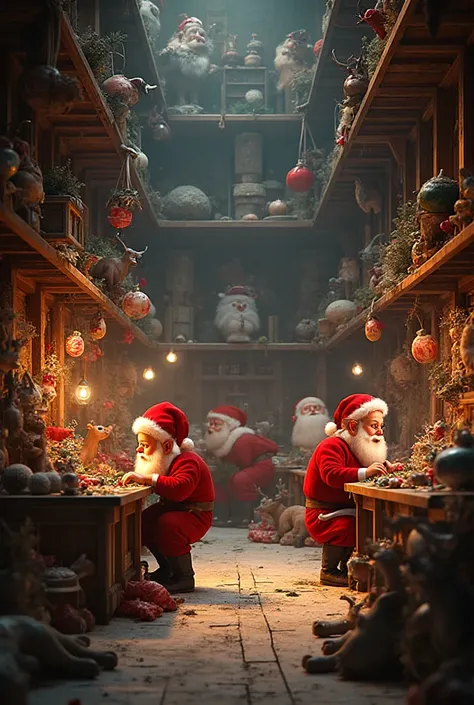 ultrarealists, 4k, vertical format, Santa Claus workshop with elves, elves working making toys and reindeer resting 