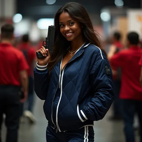 full body portrait of a cute young black woman with long shiny brown hair , looking to the side,  beaming smile,  a navy blue sa...