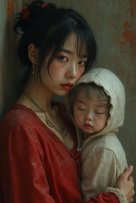 A young Japanese woman with matted and dimmed features, vestida de vermelho, two literally ghostly babies and next to her her Ja...