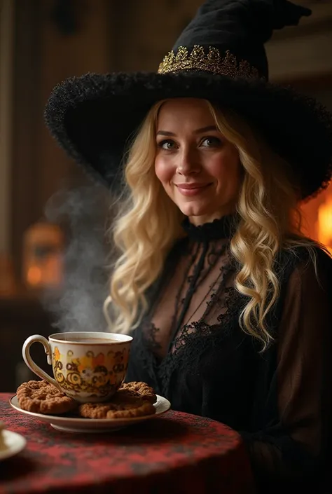 The teacup witch has brewed a special magical concoction for you. Create a mesmerizing dream illusion. Filmic lighting, slightly...