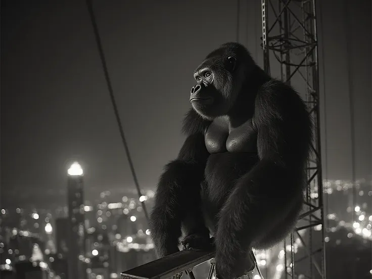 Shaky long-range security camera footage. A silverback gorilla sits at the very top of a construction crane, overlooking a blurr...