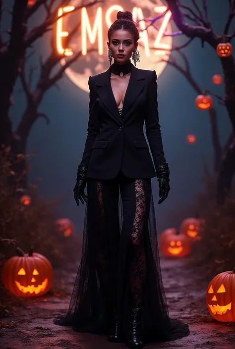 A high-fashion Halloween runway design for the brand "EMSAZ", with the brand name glowing at the top of the scene in a gradient ...