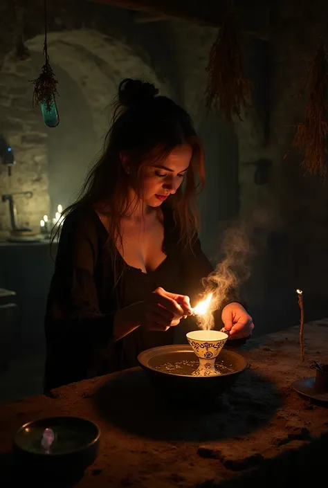Une jeune sorcière aux traits délicats dans sa chaumière rustique, penchée sur un chaudron en fonte noir, mélangeant activement ...