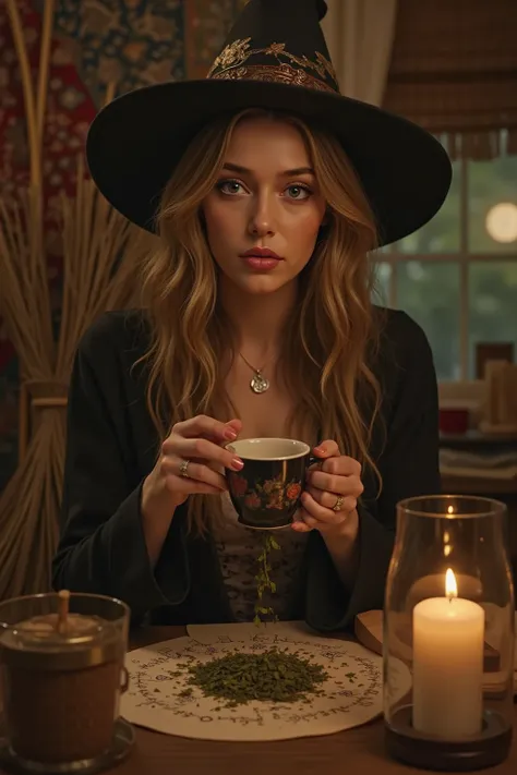 <cg>  
💋 : Tasse Tee Hexe  

🌟 : geheimnisvolle, magical atmosphere, classic romantic witch representation, zartes Kerzenlicht

...