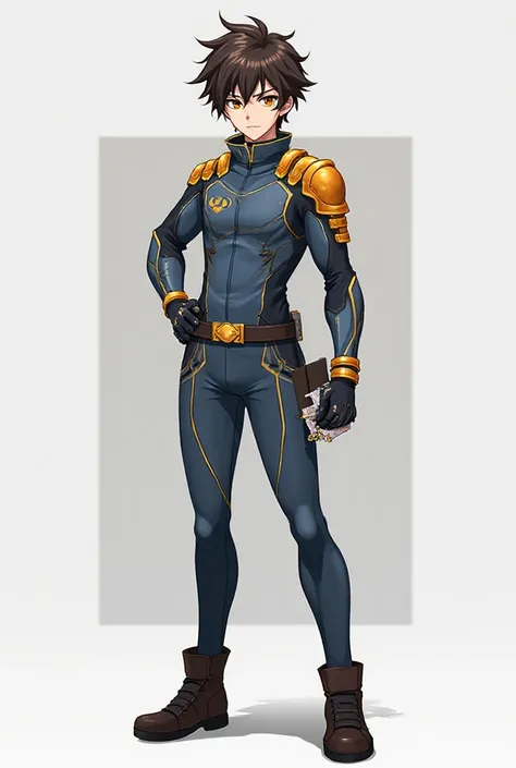 A 15-year-old male anime-style hero standing confidently, medium height, lean athletic build.  
Hair: dark brown with amber stre...